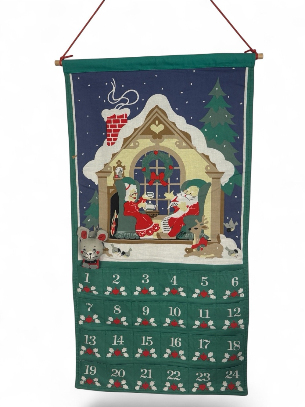 Vintage Avon Fabric Wall Hanging Christmas Countdown Advent Calendar with Mouse